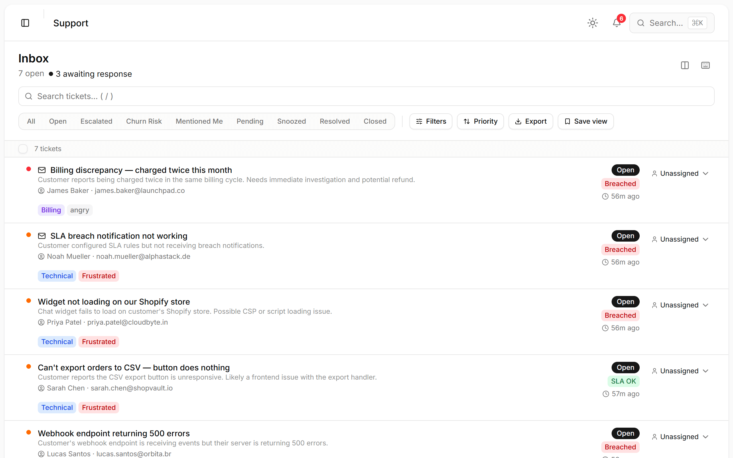 Ticket0 inbox — AI-triaged support tickets with priority, status, and SLA tracking