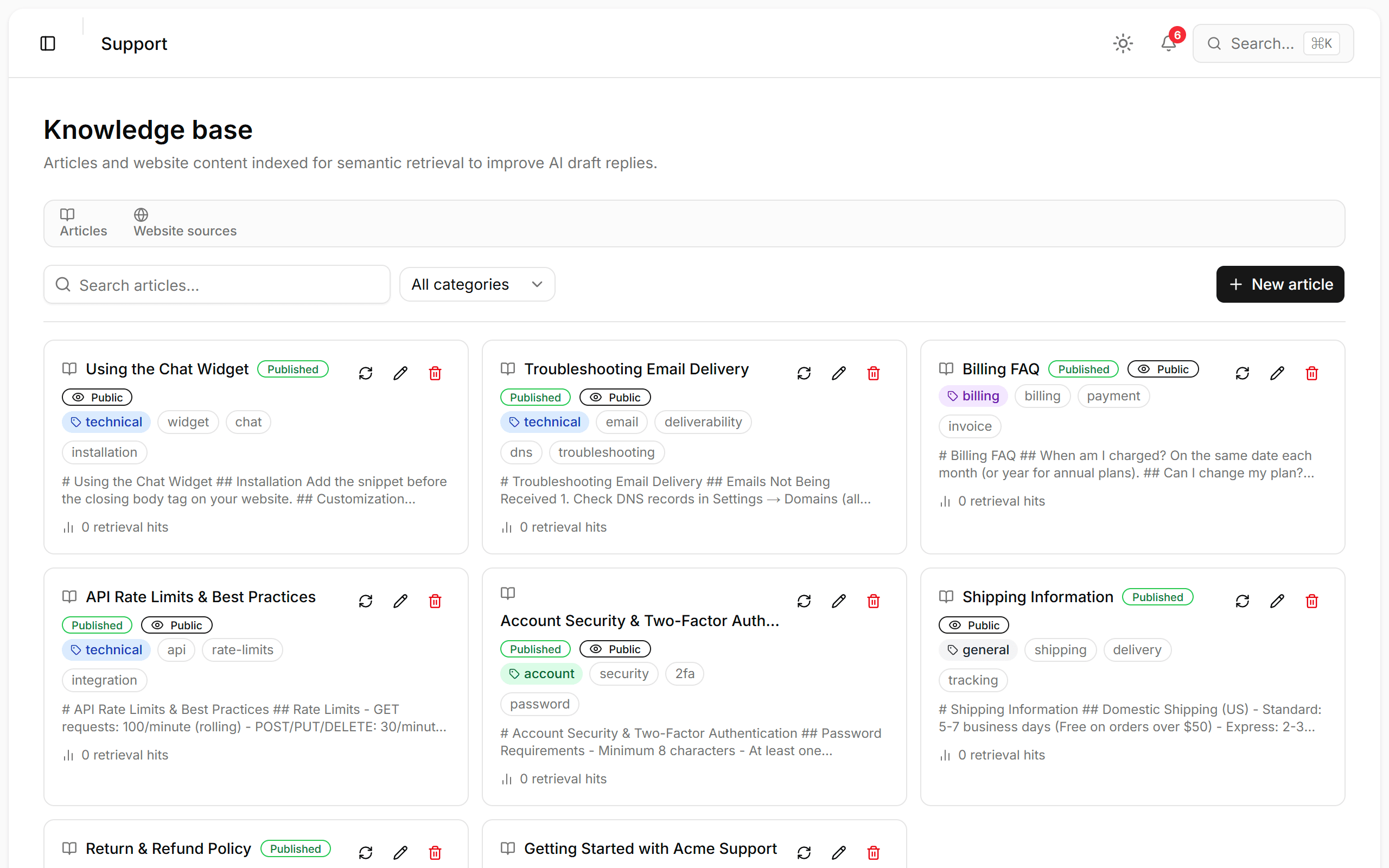 Knowledge base articles powering AI draft responses
