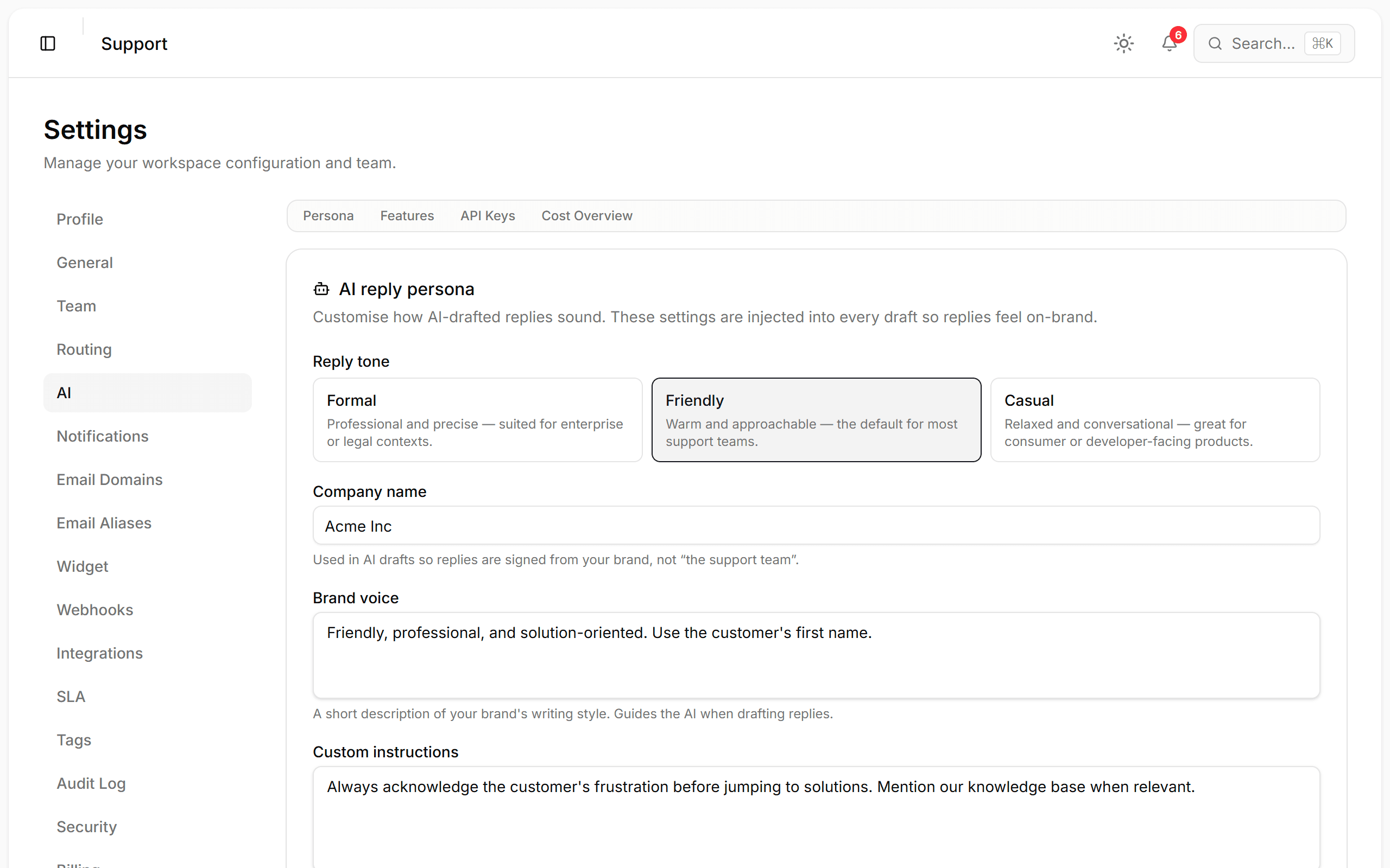 AI persona settings for configuring reply tone and brand voice