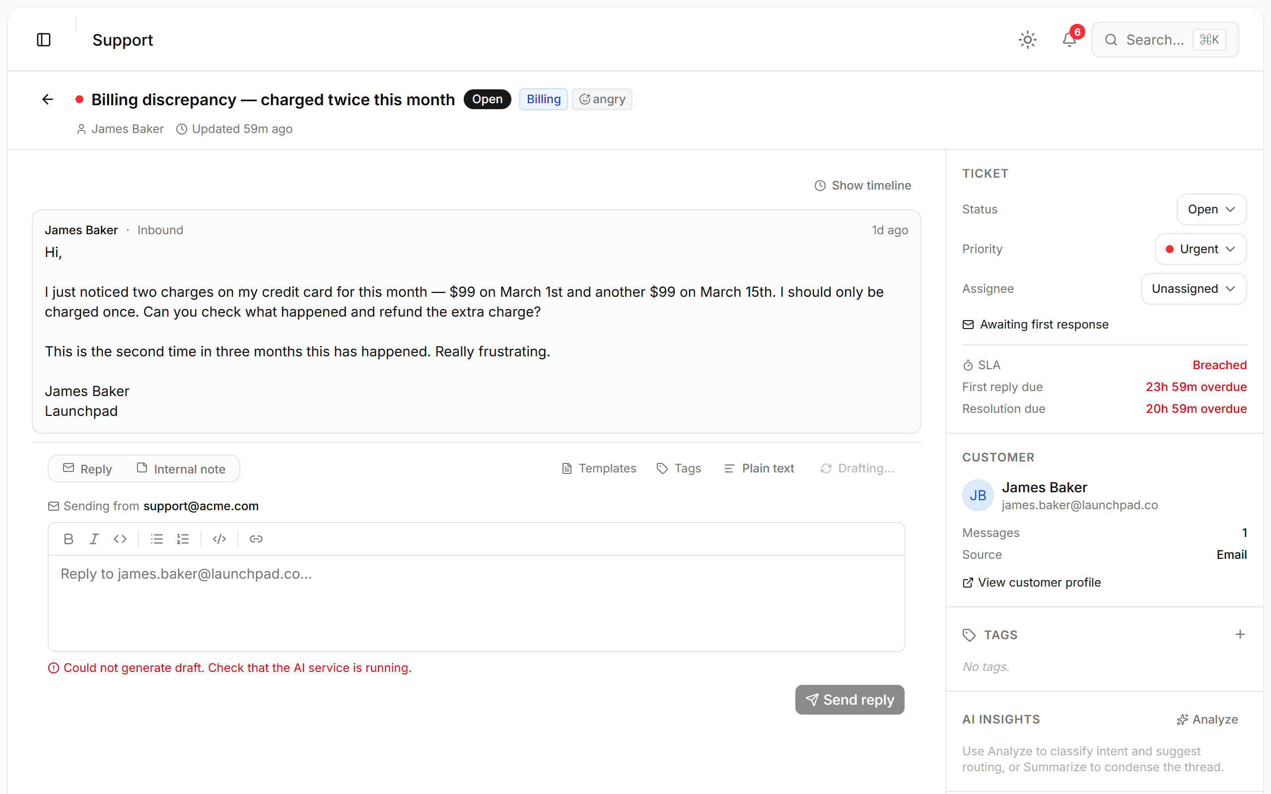 Ticket detail view with AI-drafted reply ready for operator review